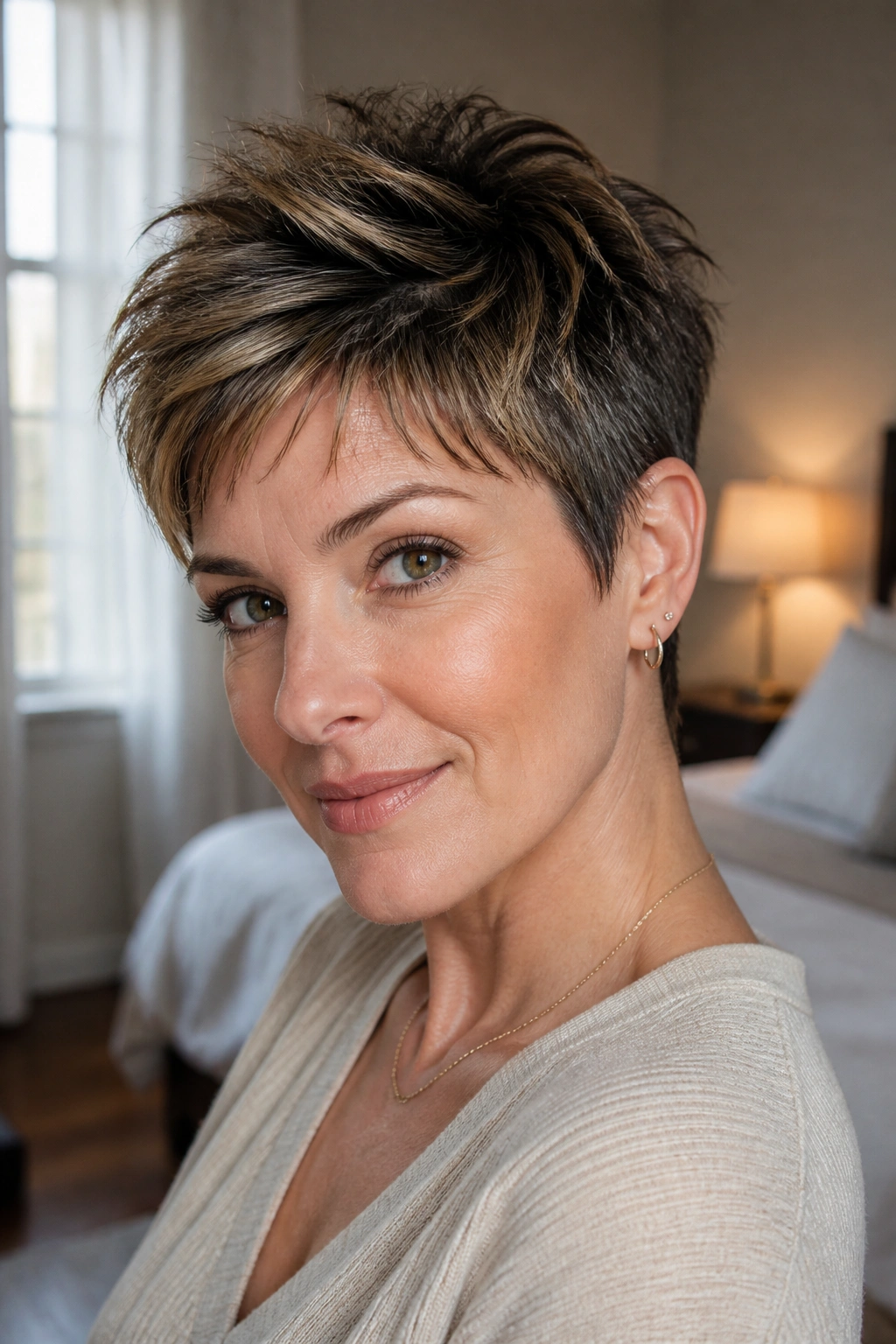 Close-up portrait of a real woman with a textured pixie hairstyle and lifted crown.
