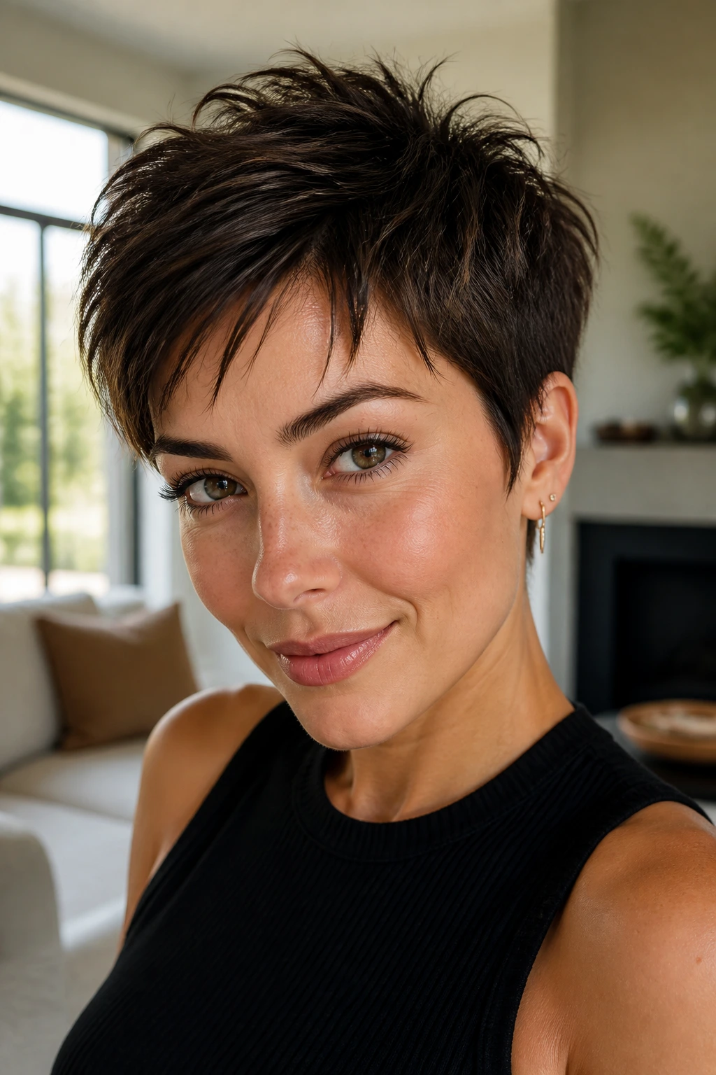 Close-up of a real woman with a textured pixie haircut