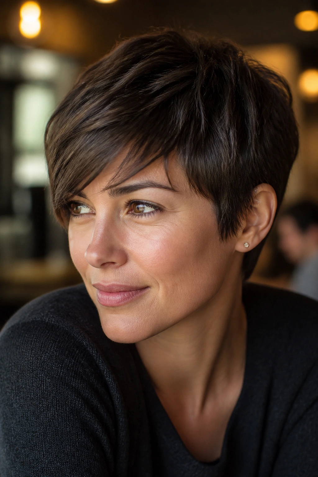 Close-up of a person with a textured pixie and side fringe in warm indoor light.