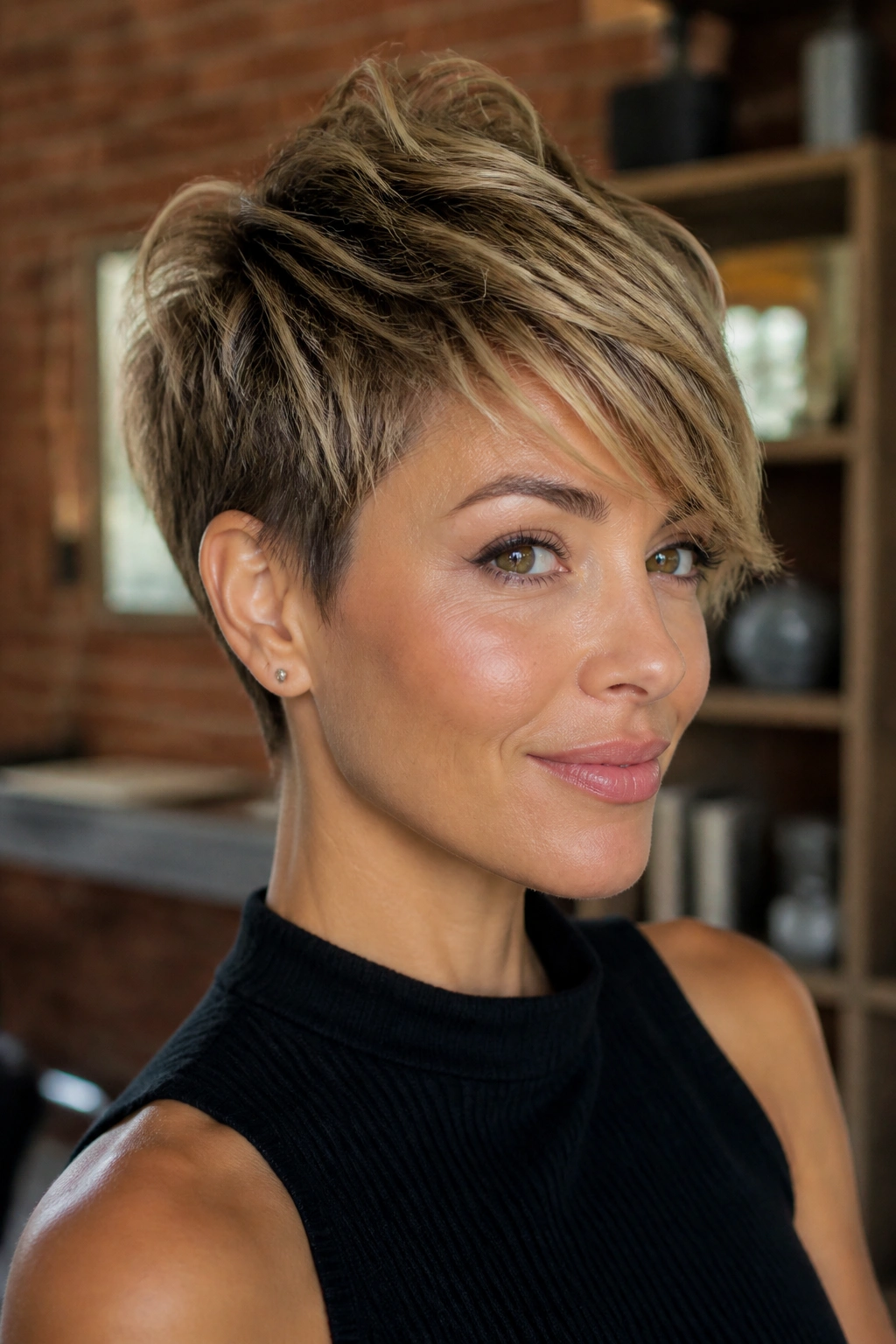Real woman with textured pixie and sweeping fringe in urban loft