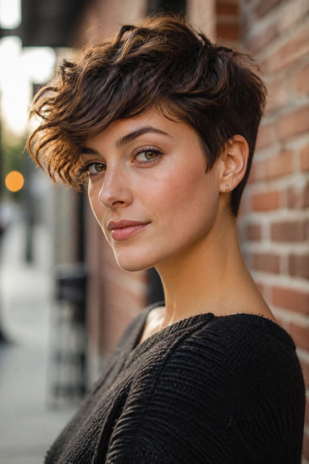 Close-up of a woman with textured pixie and long top layers on urban street