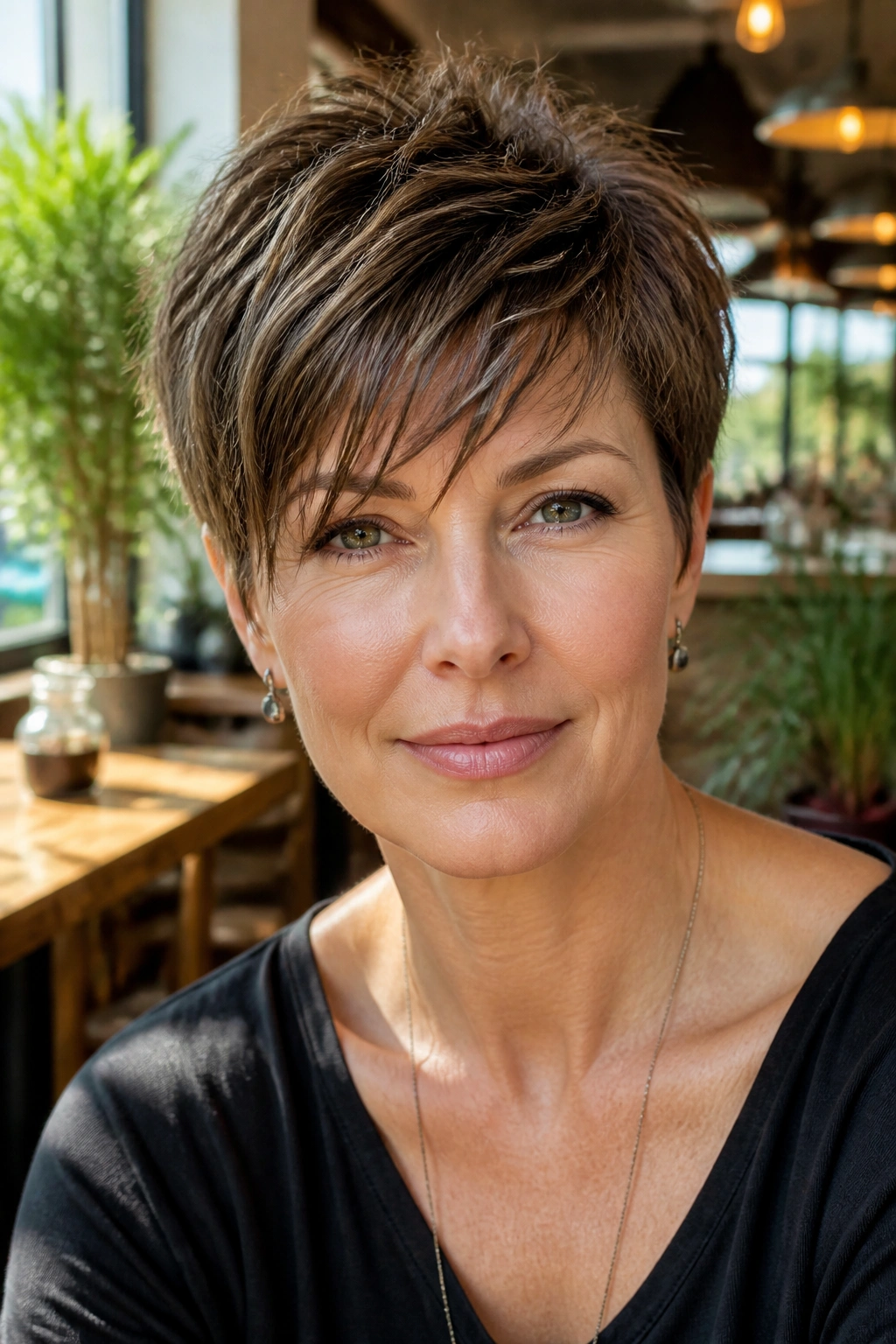 Portrait of a real woman with textured pixie and wispy fringe