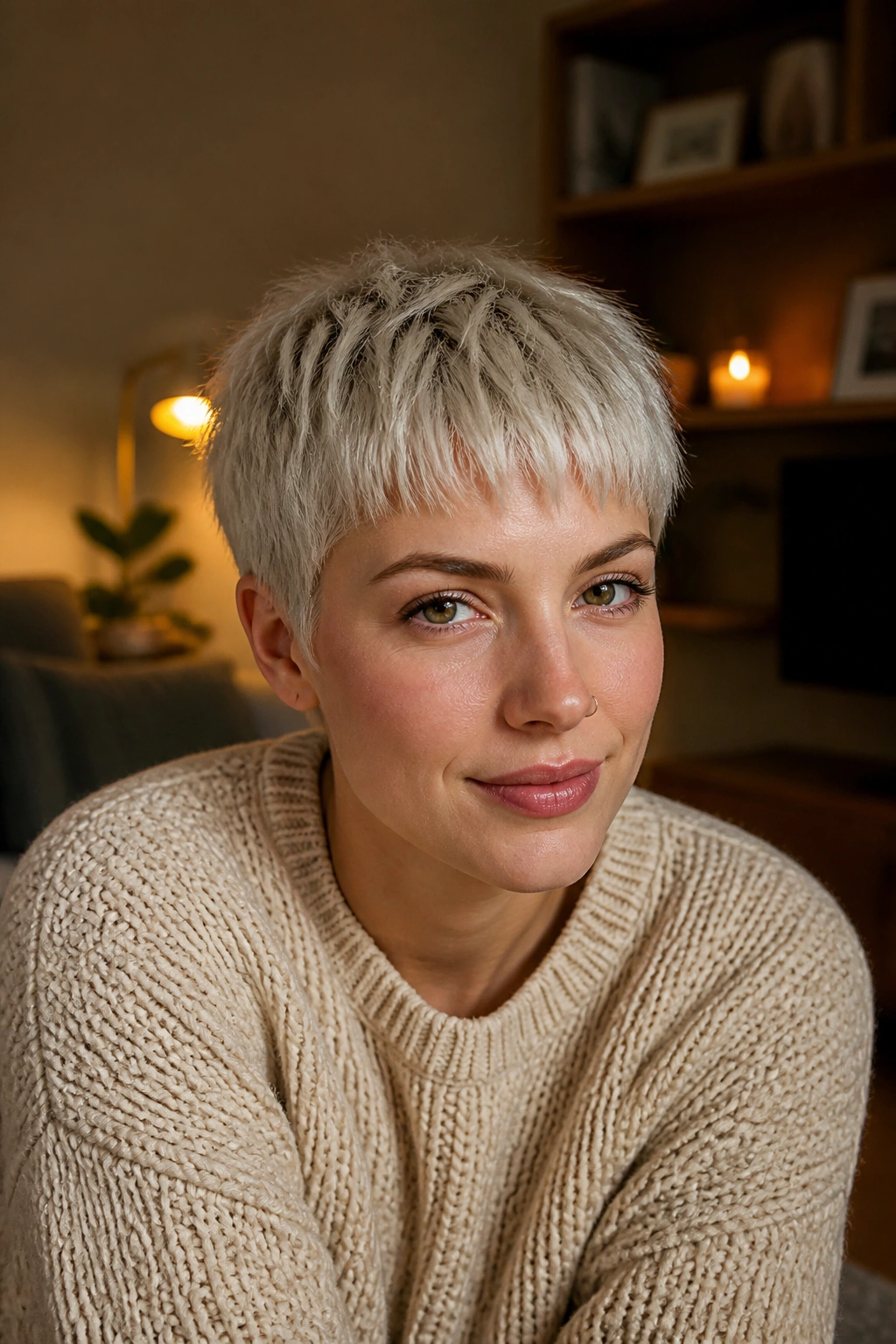 Close-up of a real person with a platinum textured crop and choppy fringe.