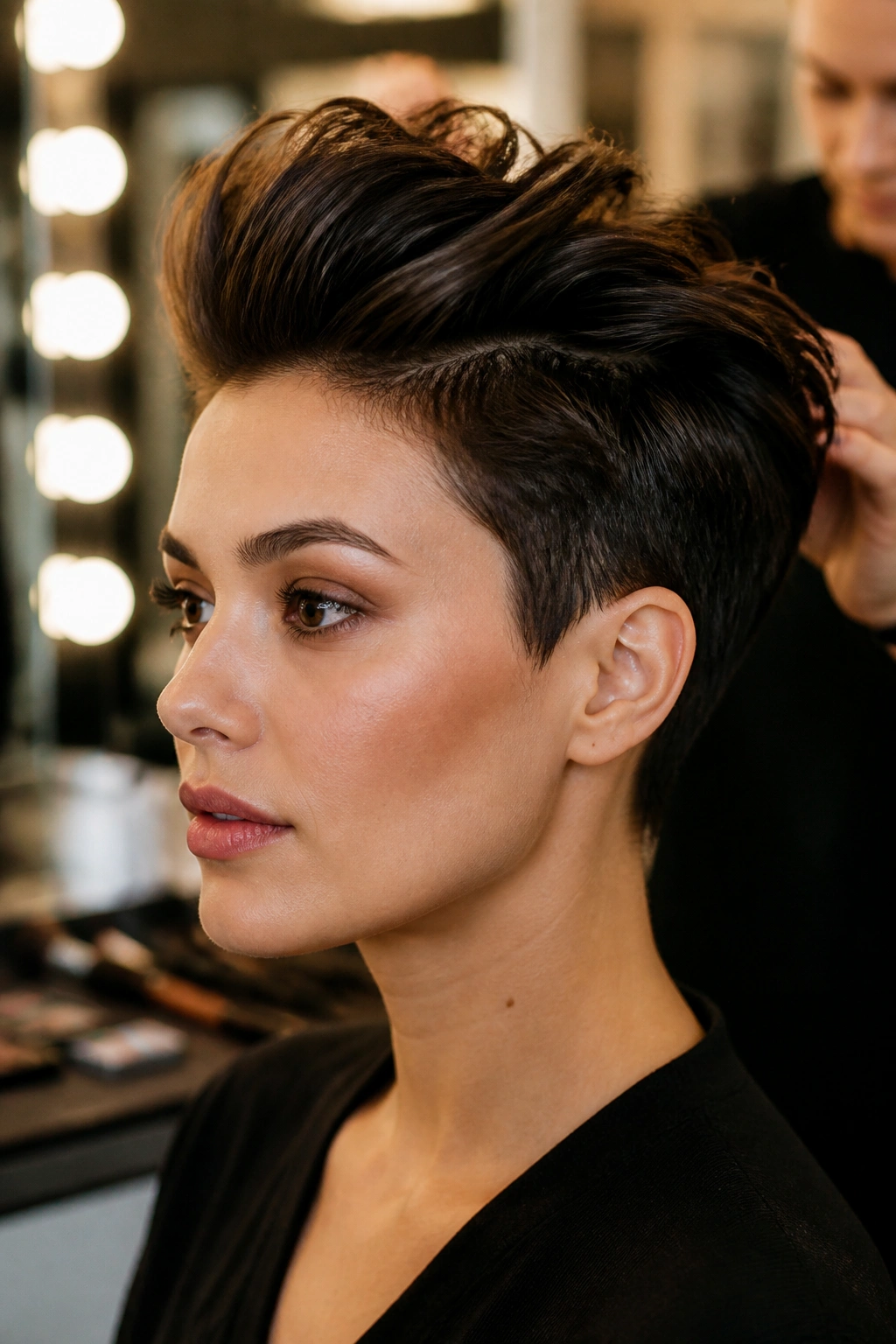 Portrait of a real person showing a textured pompadour on short hair.