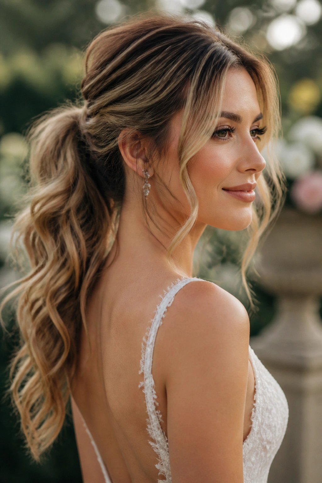 Bride with textured ponytail and face-framing pieces in natural light.