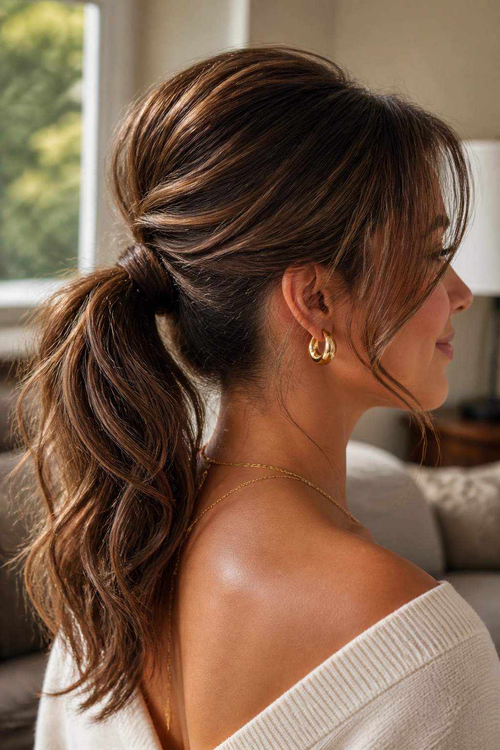 Three-quarter profile of a woman with textured ponytail and hidden pincurl base