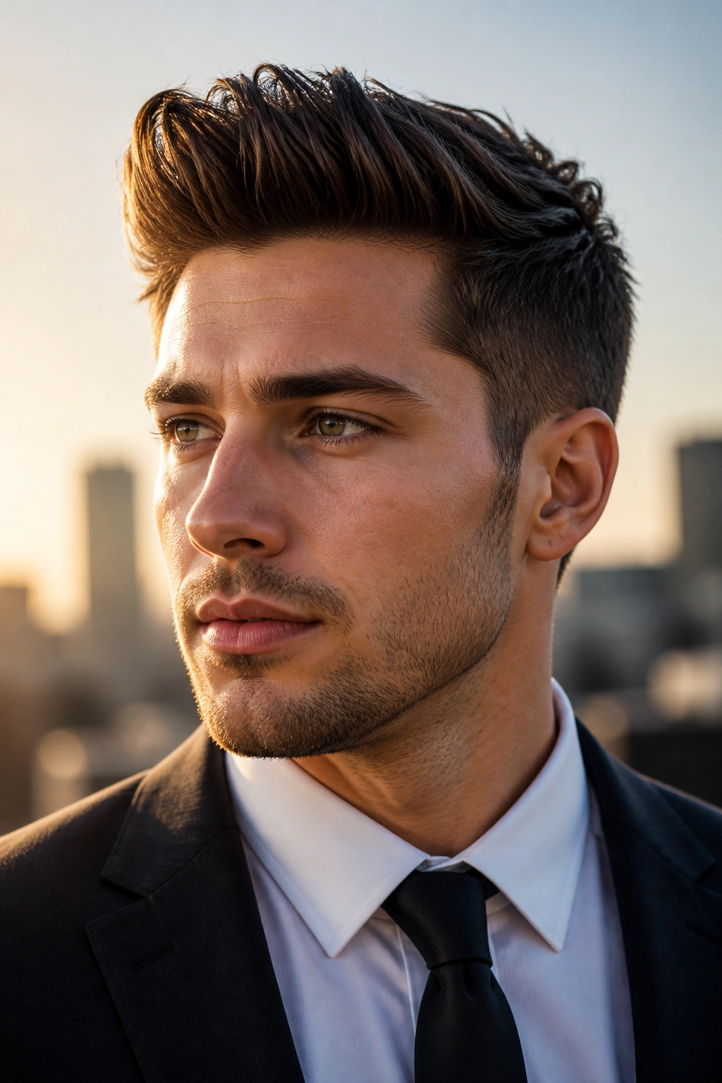 Close-up portrait of a man with a textured quiff on a rooftop at golden hour