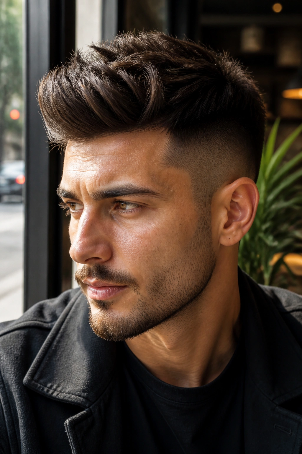 Close-up portrait of a man with a textured quiff undercut