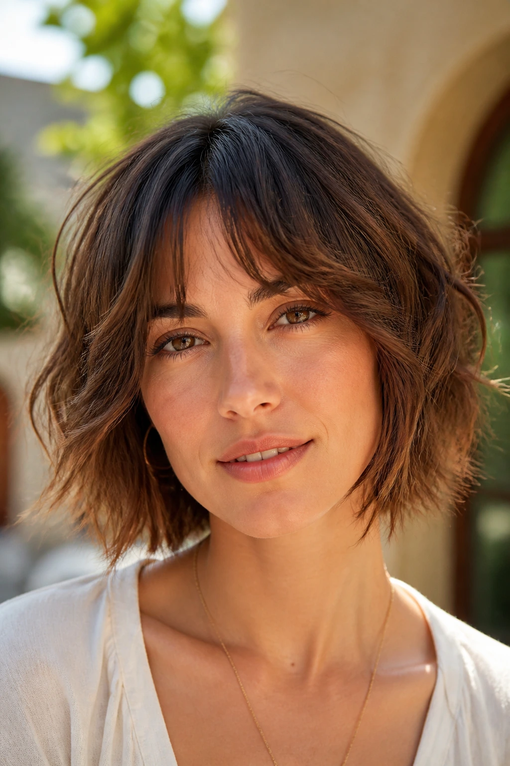Close-up portrait of a real woman with textured bob and razored ends in bright outdoor light
