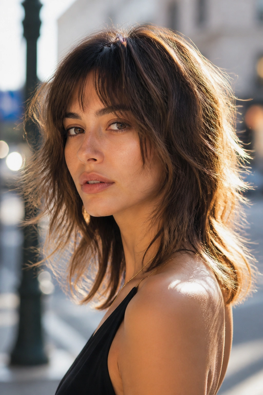 Close-up of a woman with a textured shag and airy ends