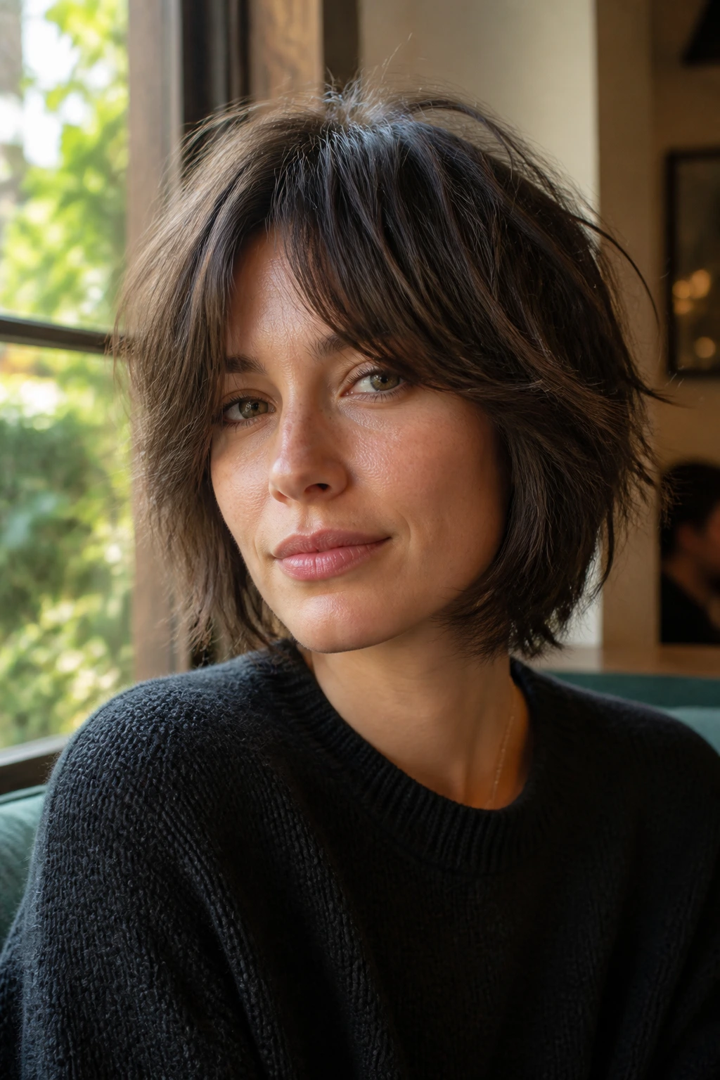 Close-up of a real woman with textured shag bob and broken curtain bangs in cafe window light