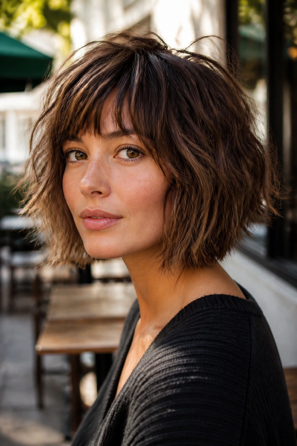 Close-up portrait of a real woman with textured shag bob and lifted crown.