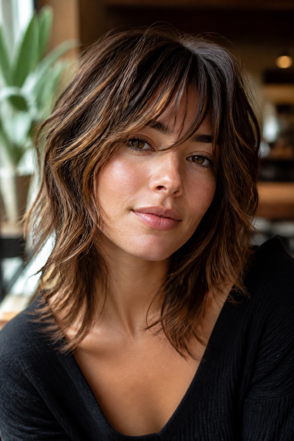 Brunette with textured shag showing layered, tousled hair.