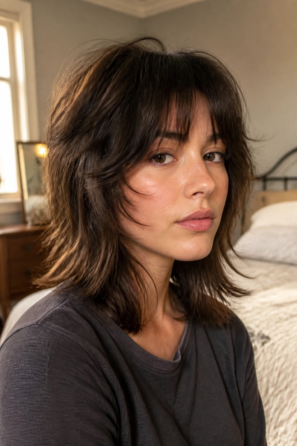 Close-up portrait of a real woman with a textured shag and cheekbone-length layers framing her face