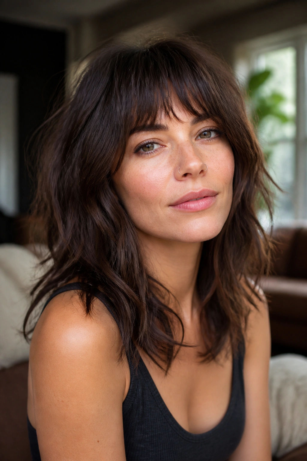 Close-up real woman with textured shag and eyebrow bangs.