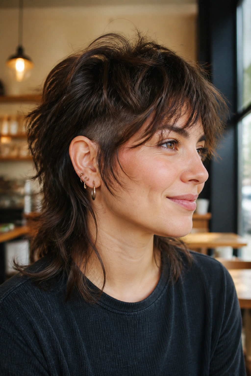 Real woman with textured shag and hidden undercut panels behind ears.