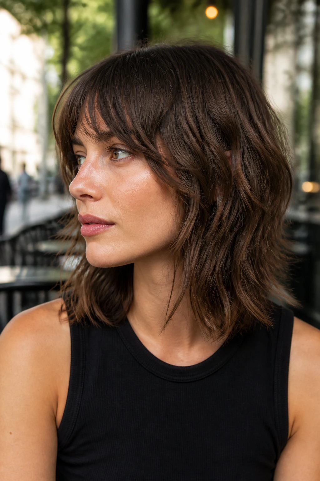 Close-up of a real person with a mid-length textured shag lob in natural daylight.
