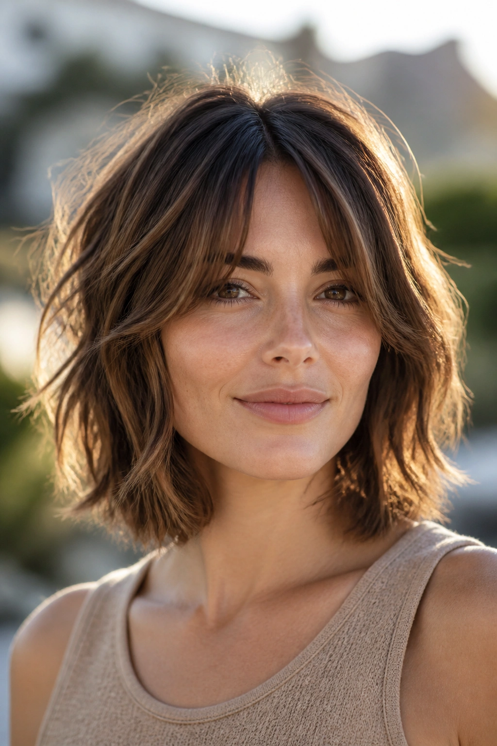 Close-up of a real woman with textured shag lob in natural outdoor light