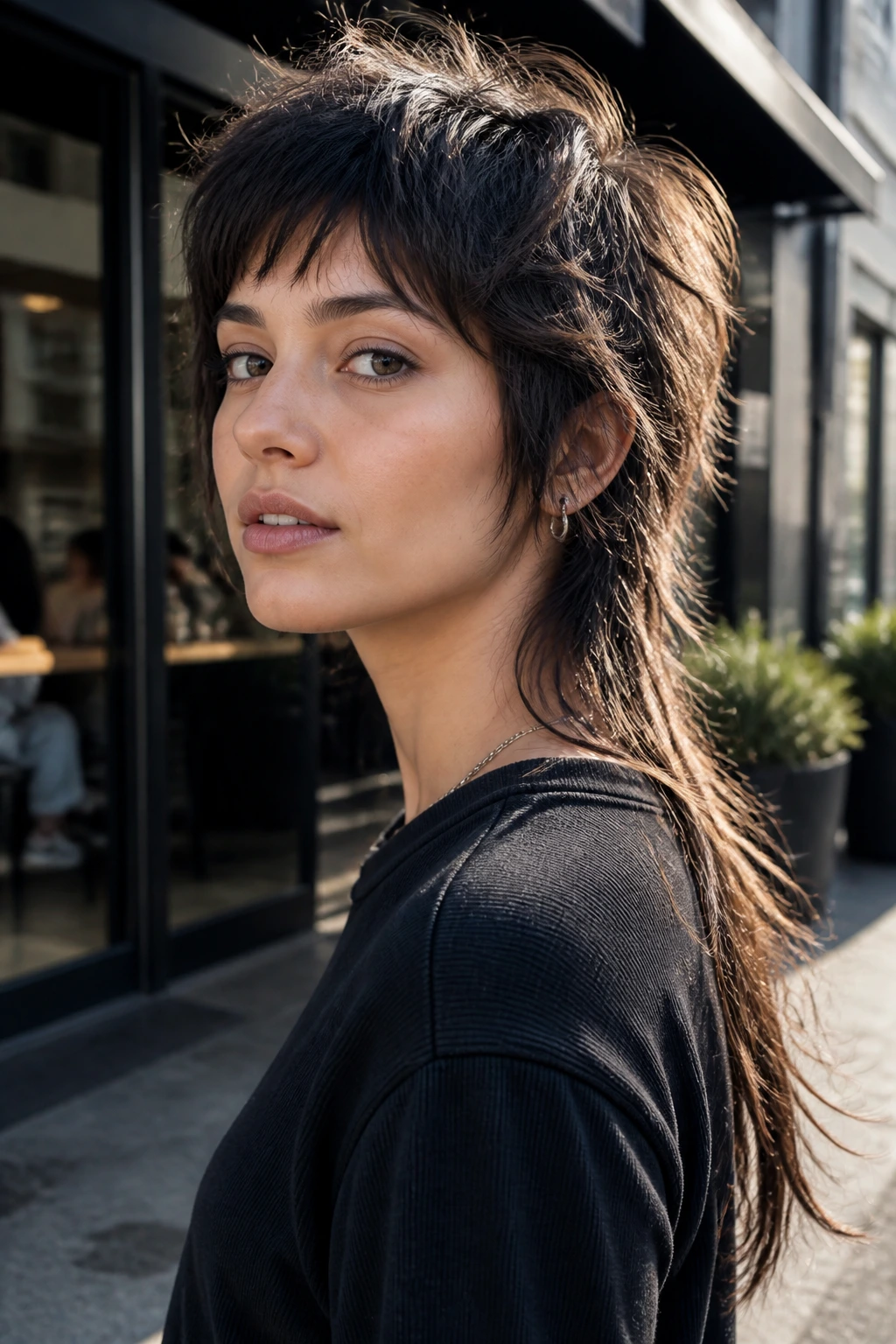 Three-quarter portrait of a woman with a textured shag mullet hybrid in an urban setting