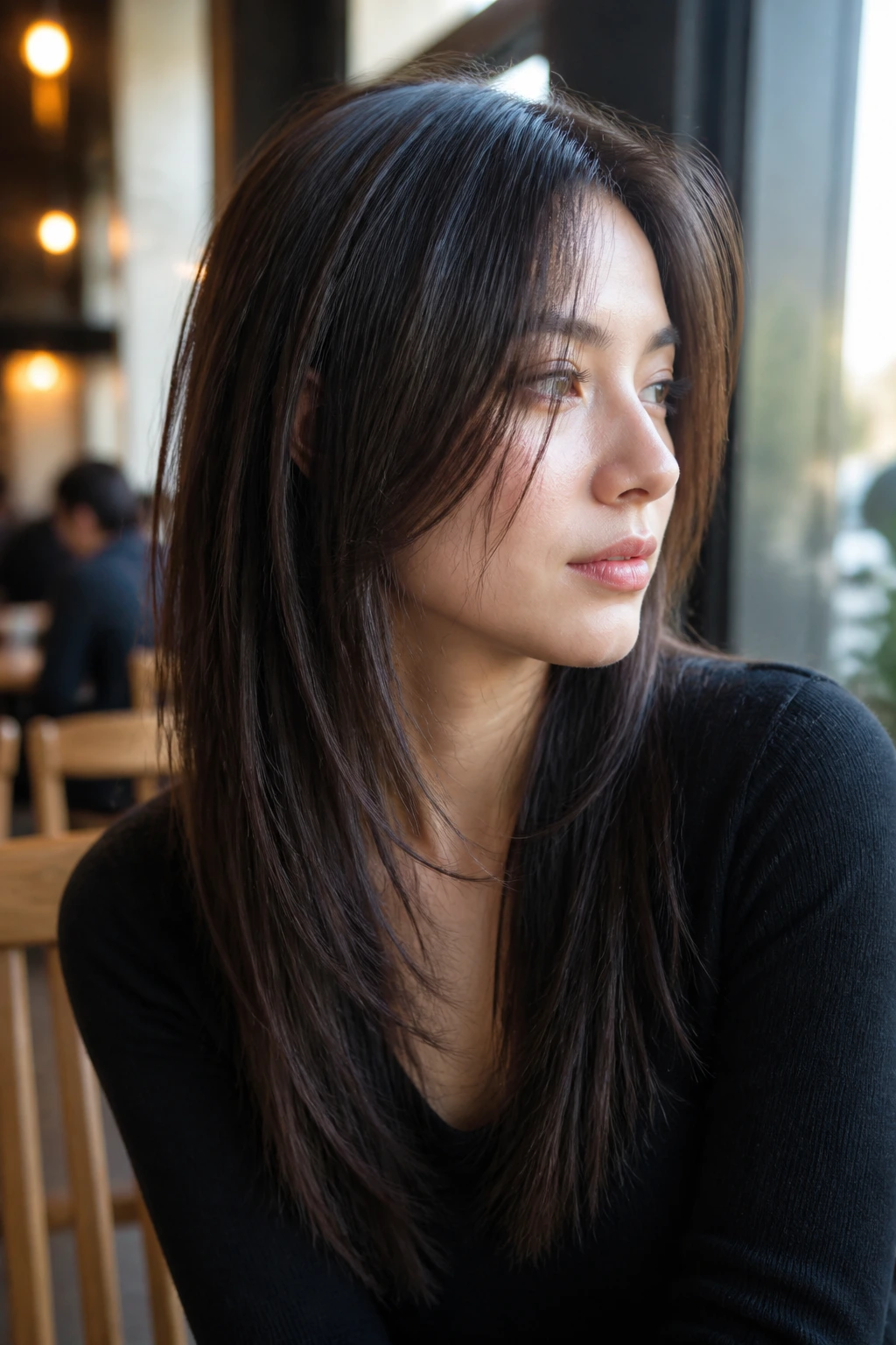 Close-up portrait of a real person with textured shag on pin-straight hair showing micro layering