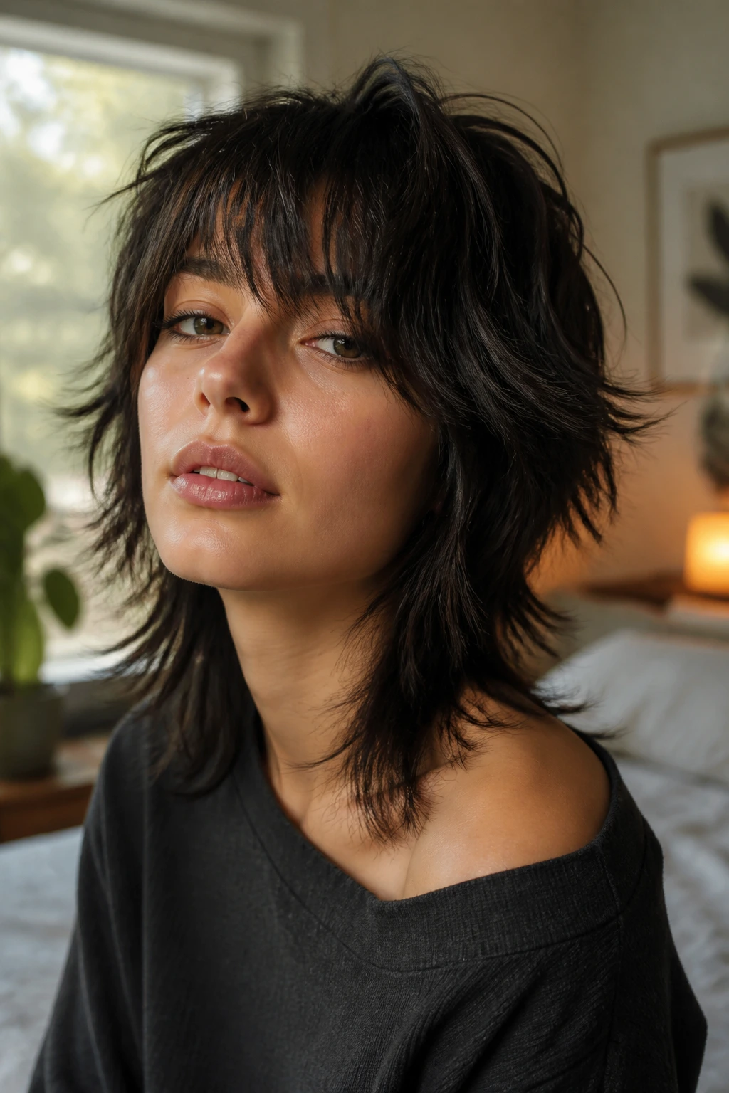 Close-up portrait of a woman with a textured shag hairstyle showing layered crown and tousled ends in warm natural light.