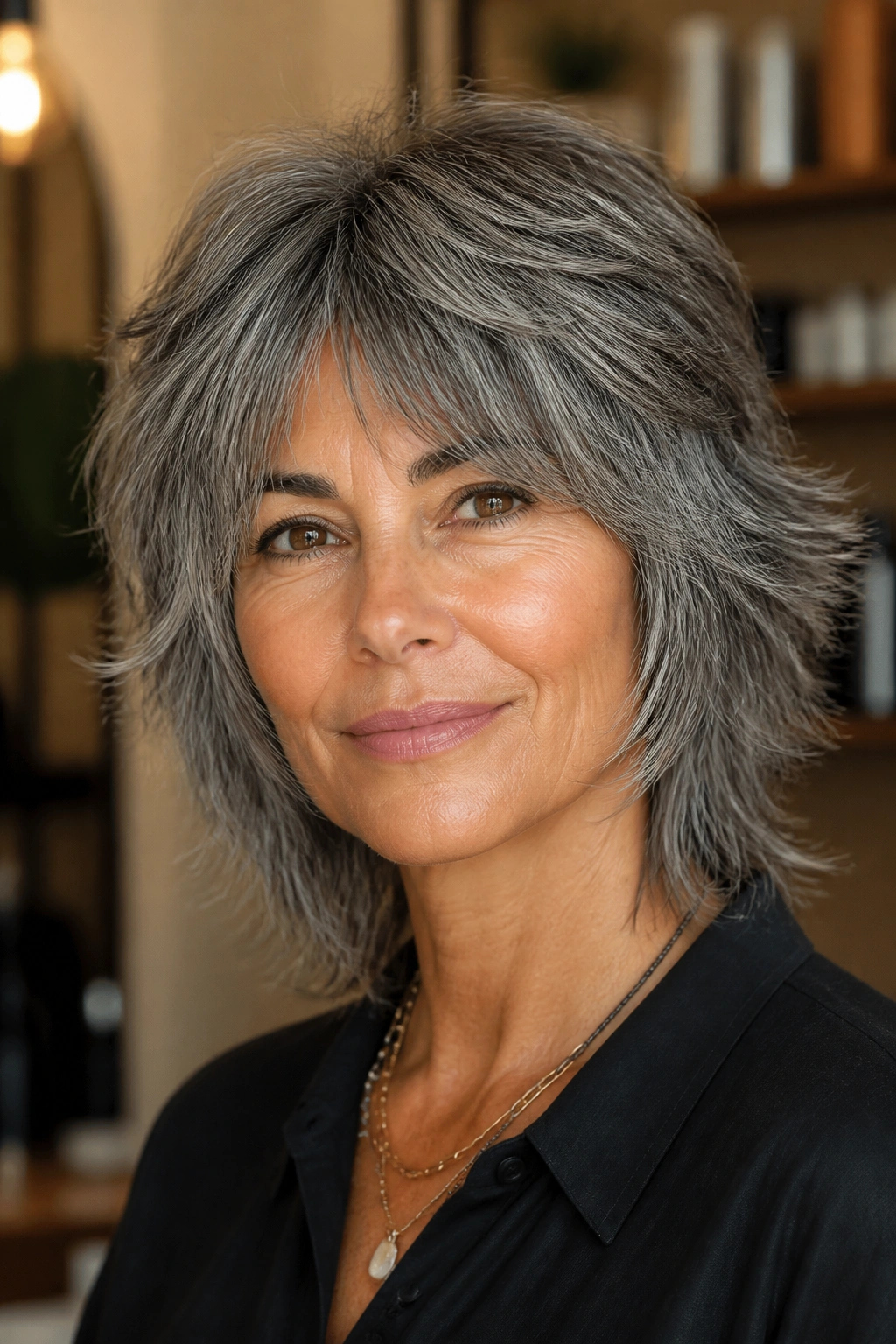 Close-up portrait of a real woman with salt-and-pepper textured shag and feathered ends.