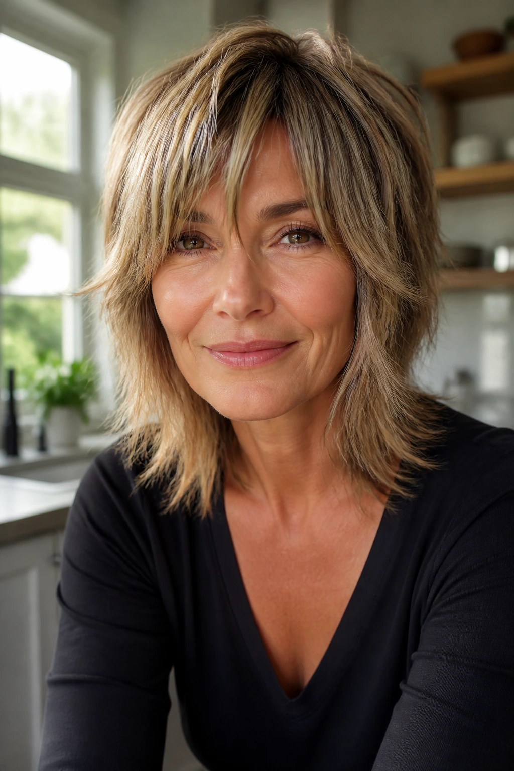 Close-up portrait of a real woman with textured shag for straight hair
