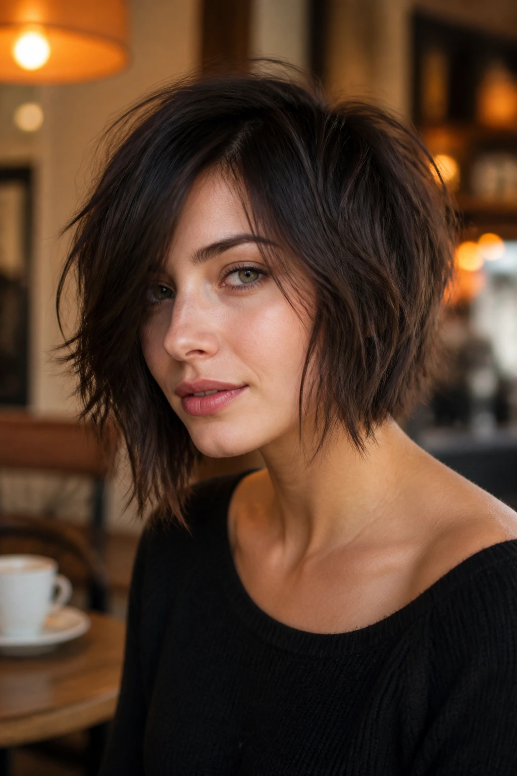 Real woman with textured shaggy asymmetric bob in warm cafe lighting
