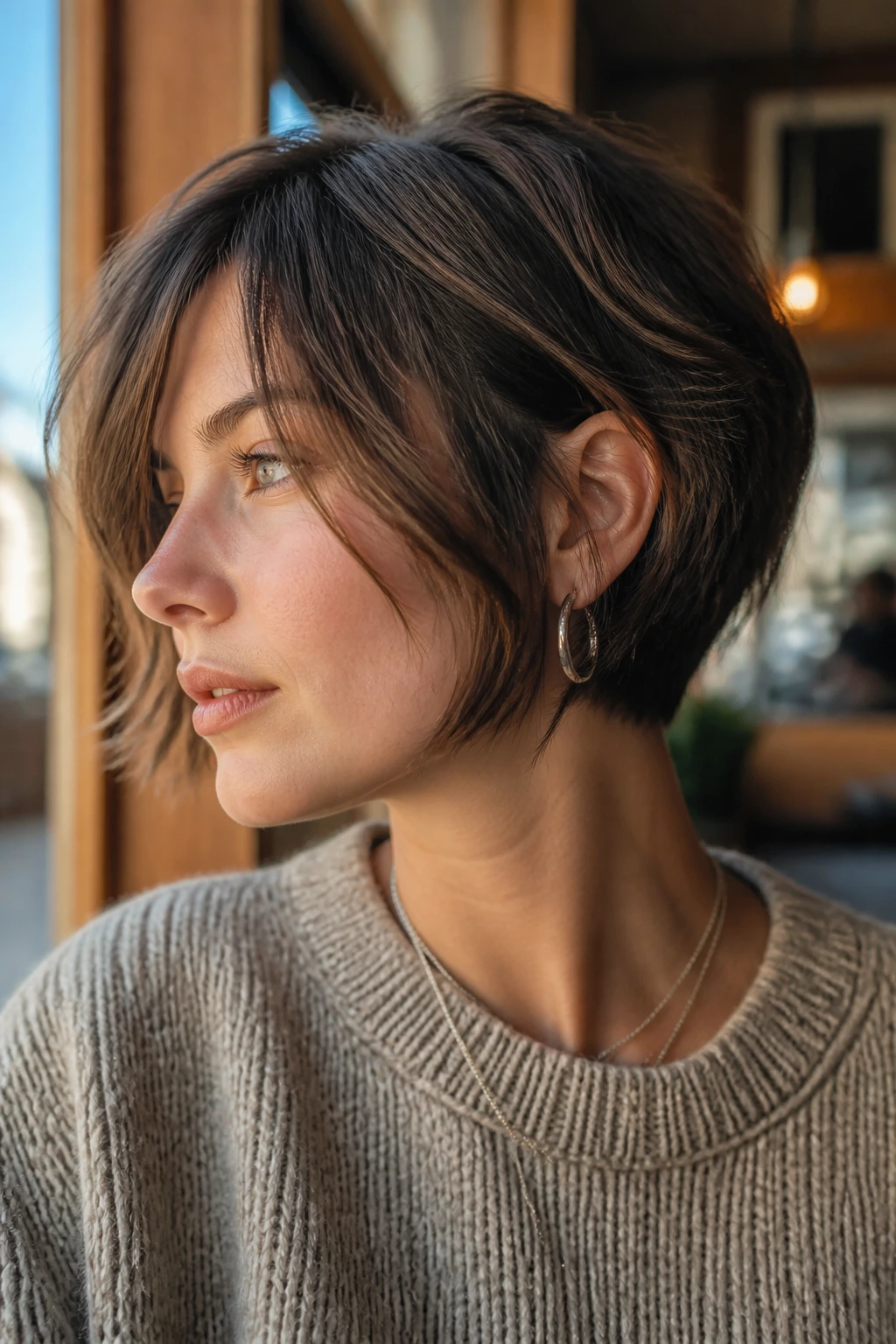 Portrait of a woman with textured shaggy tucked bob at a sunlit cafe setting