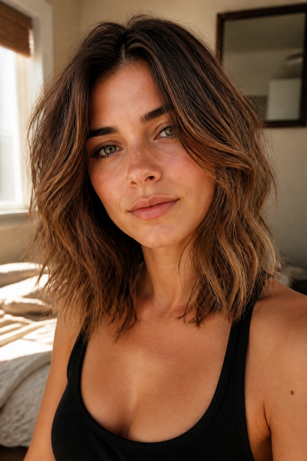 Close-up of a real woman with a textured shoulder-grazing cut and loose waves