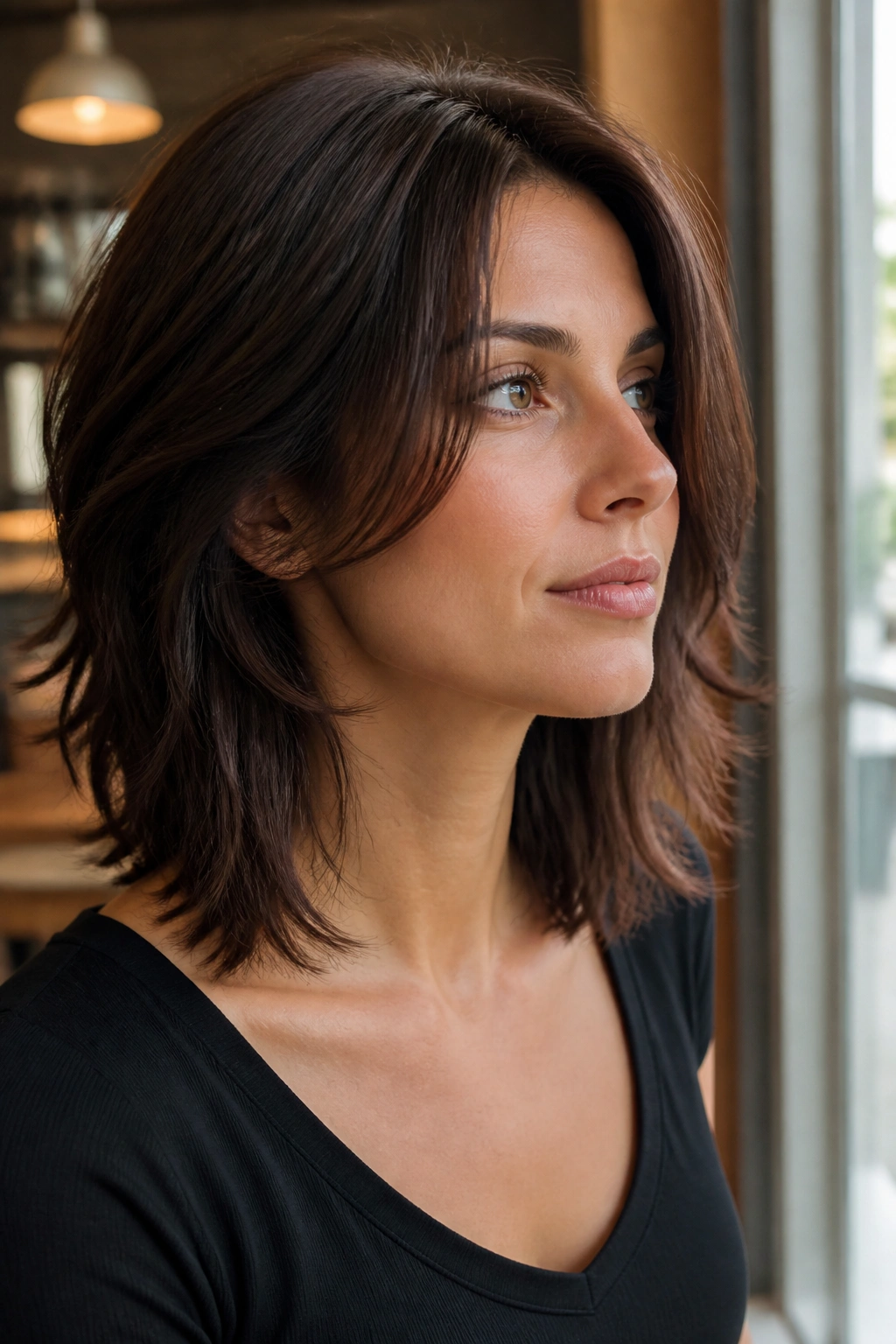 Portrait of a real woman with shoulder-length textured hair and interior layers.