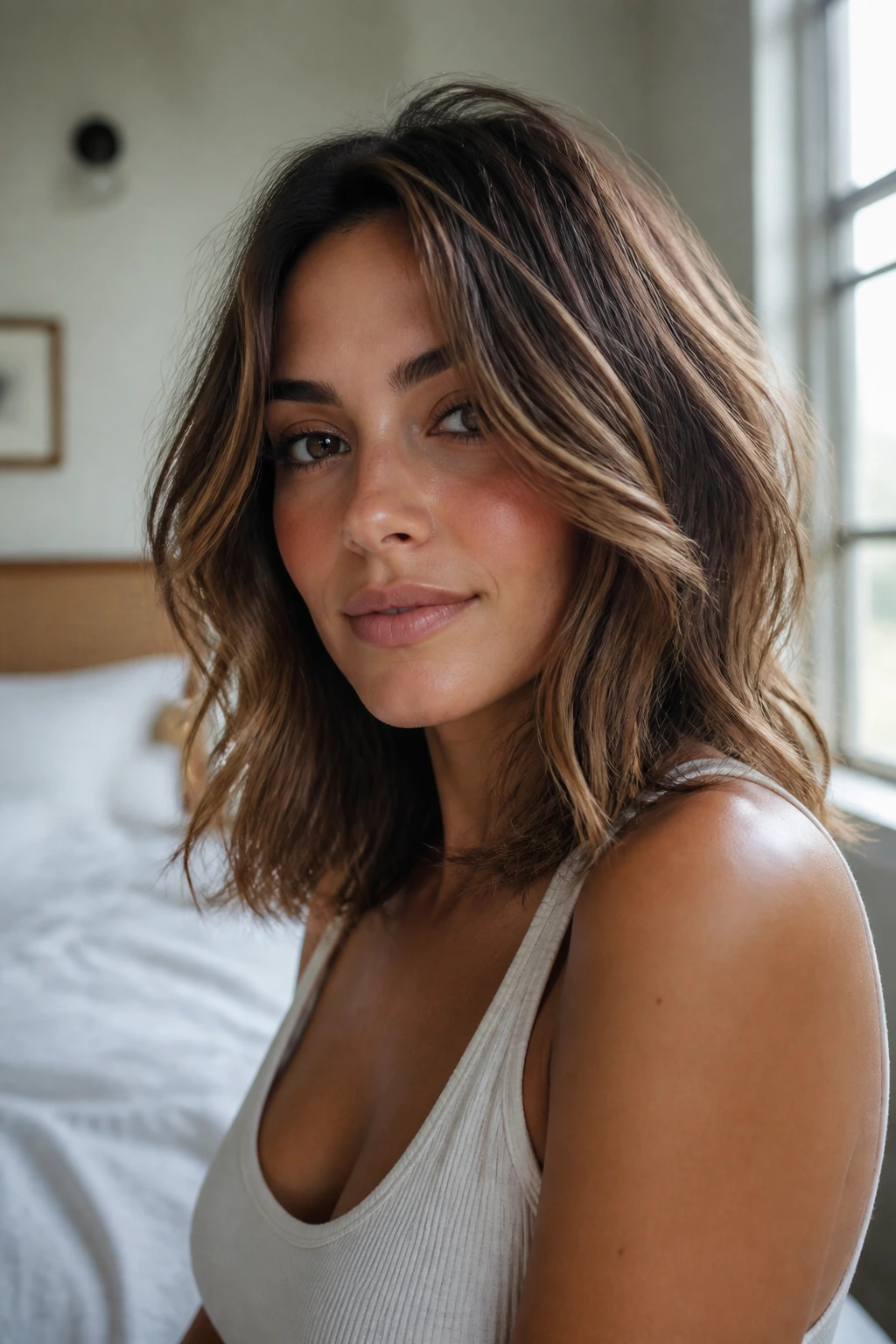 Close-up of a woman with a textured shoulder-length haircut and relaxed waves.