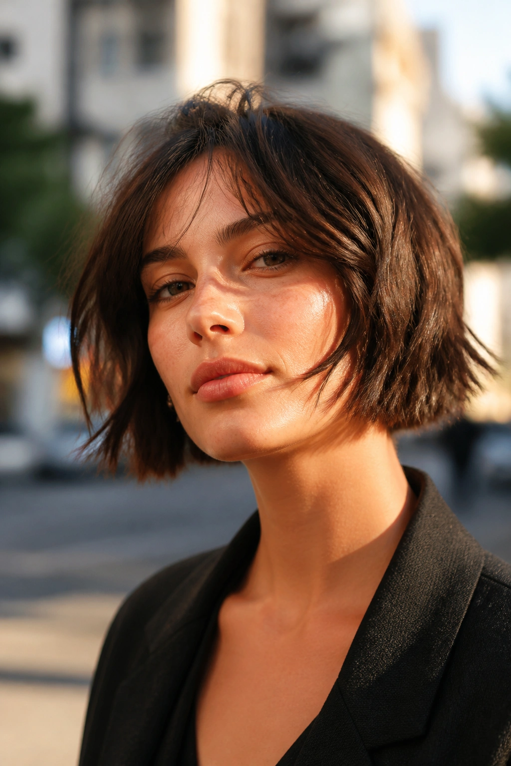 Close-up of real person with textured square bob and piecey ends