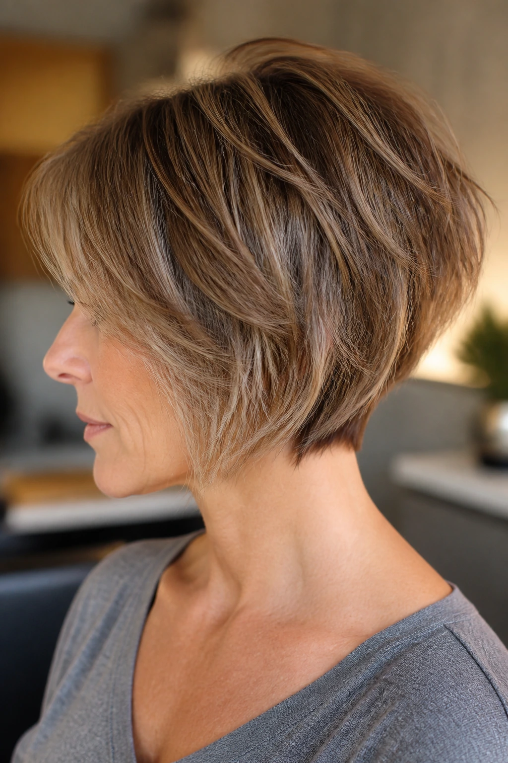 Close-up of woman with textured stacked bob and piecey ends