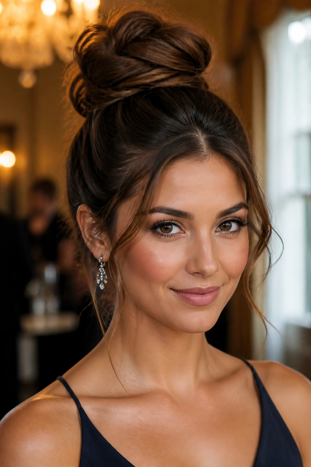 Close-up of a real woman with a textured top knot and face-framing pieces