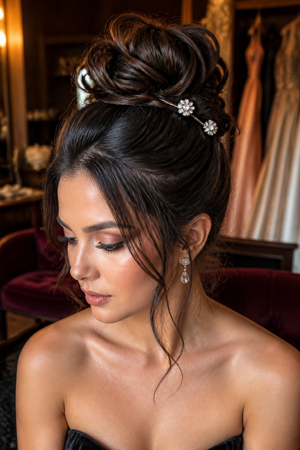 Close-up portrait of a real woman with textured topknot and sparkle pins