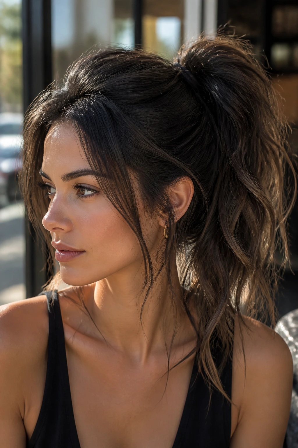 Close-up of a real woman with textured tousled high ponytail in natural daylight