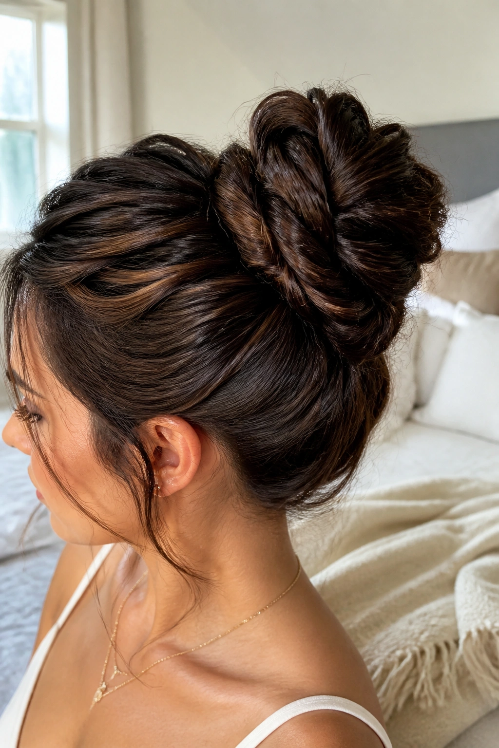 Close-up of textured twist bun with visible twists and movement