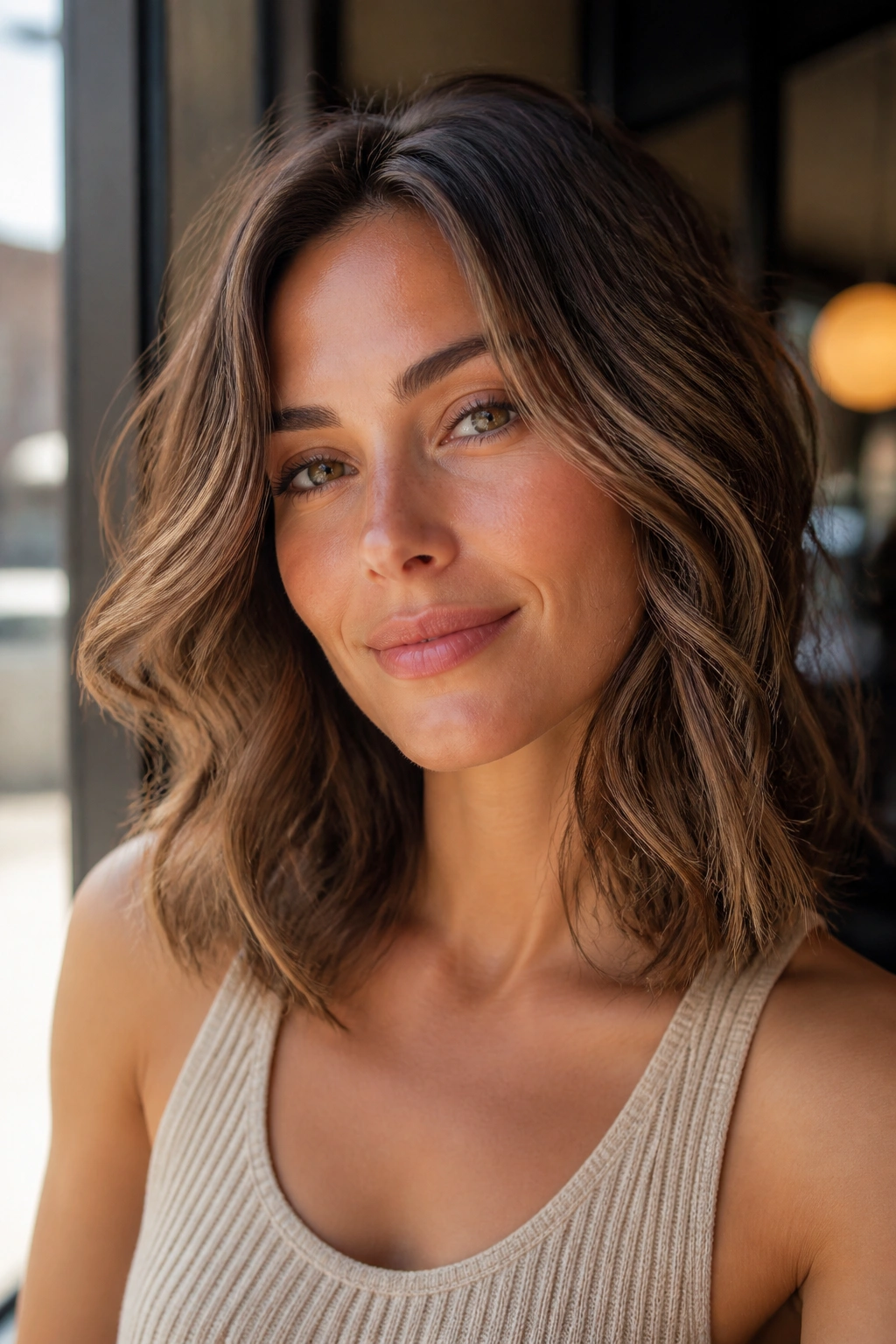 Woman with textured waves at the collarbone in a sunlit cafe setting.