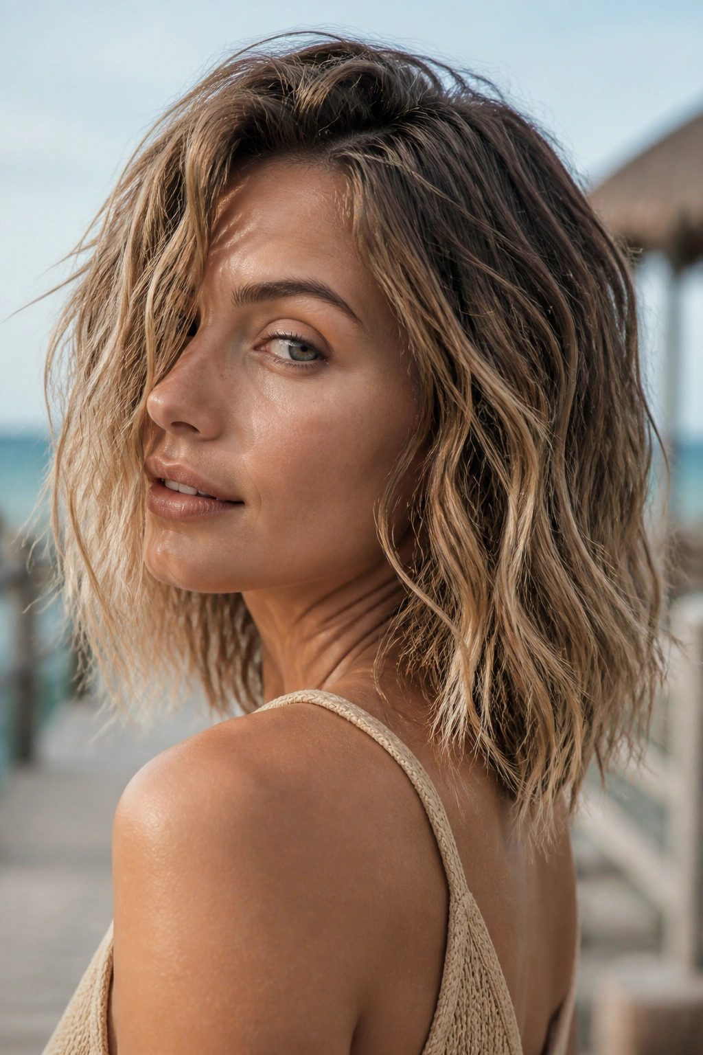 Real woman with textured wavy lob achieved with sea-salt texture.