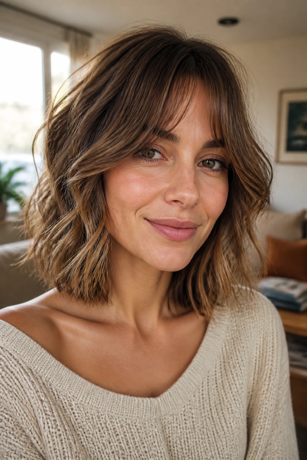Close-up of a woman with textured wavy bob and curtain bangs