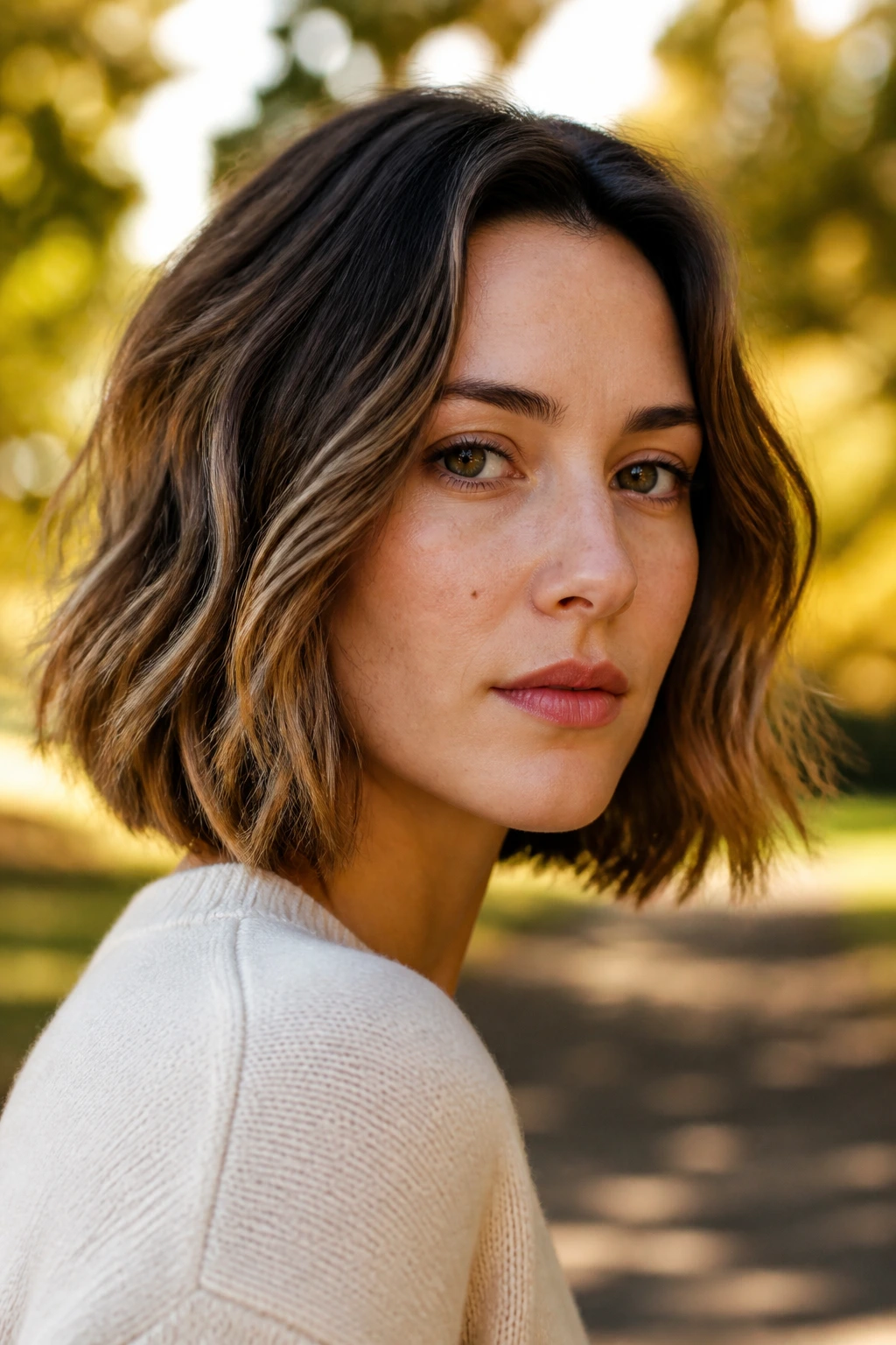 Close-up portrait of a real woman with textured wavy bob