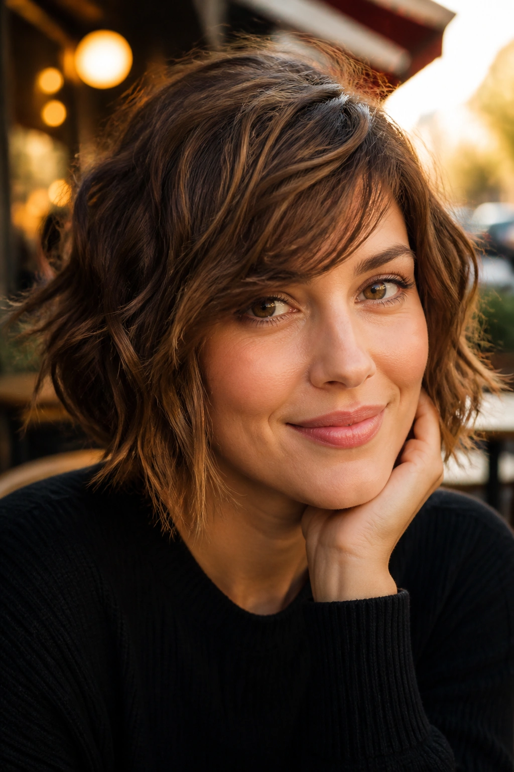 Close-up portrait of a real woman with textured wavy bob and side bangs.