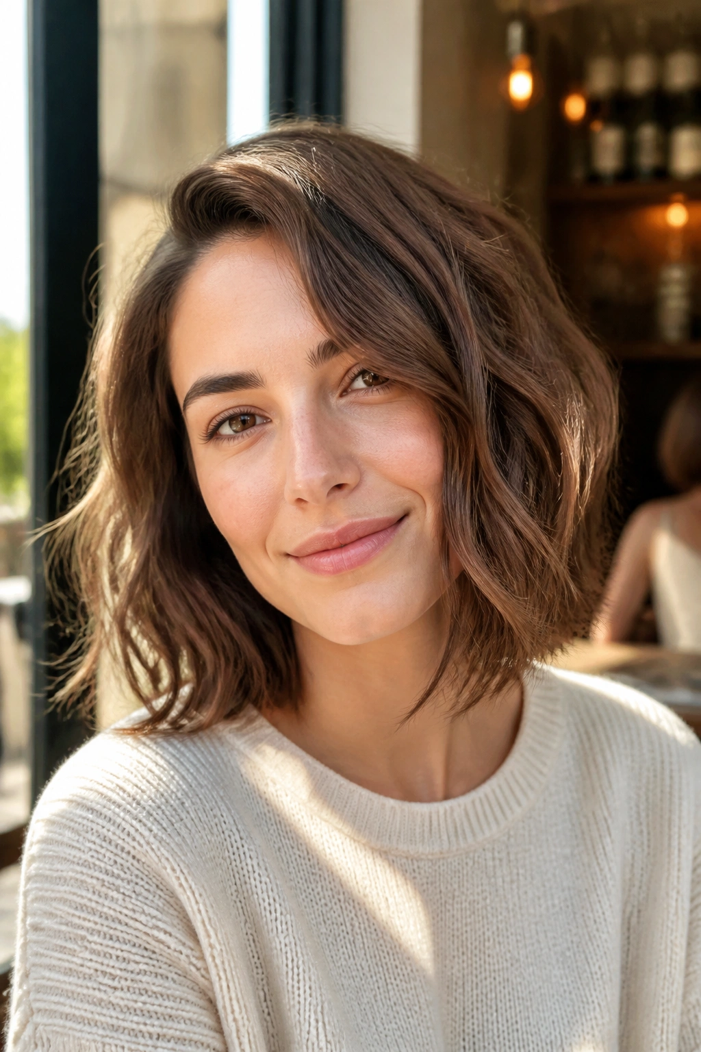 Portrait of a woman with a textured lob and wavy hair by a sunny cafe window