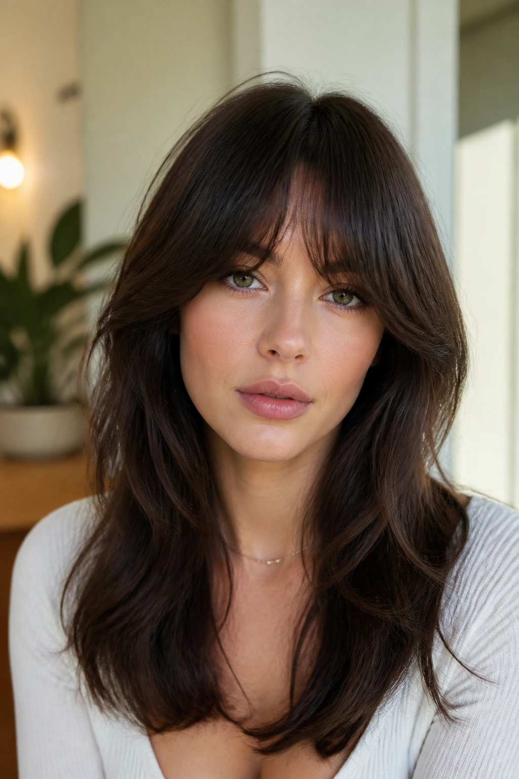 Portrait of a real person with thick Bardot bangs under natural light