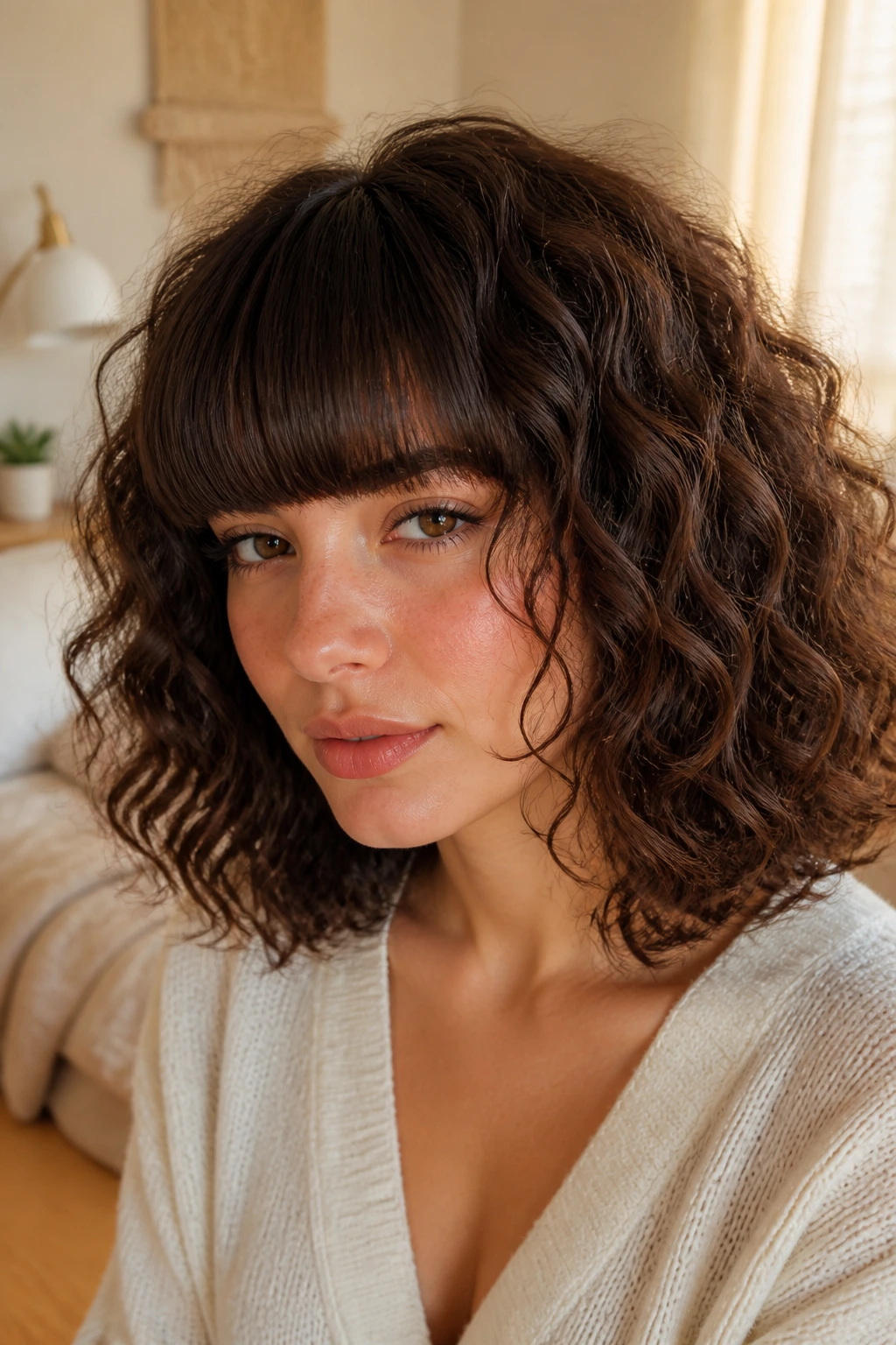 Close-up of a real woman with thick blunt bangs and curly hair in warm bedroom light
