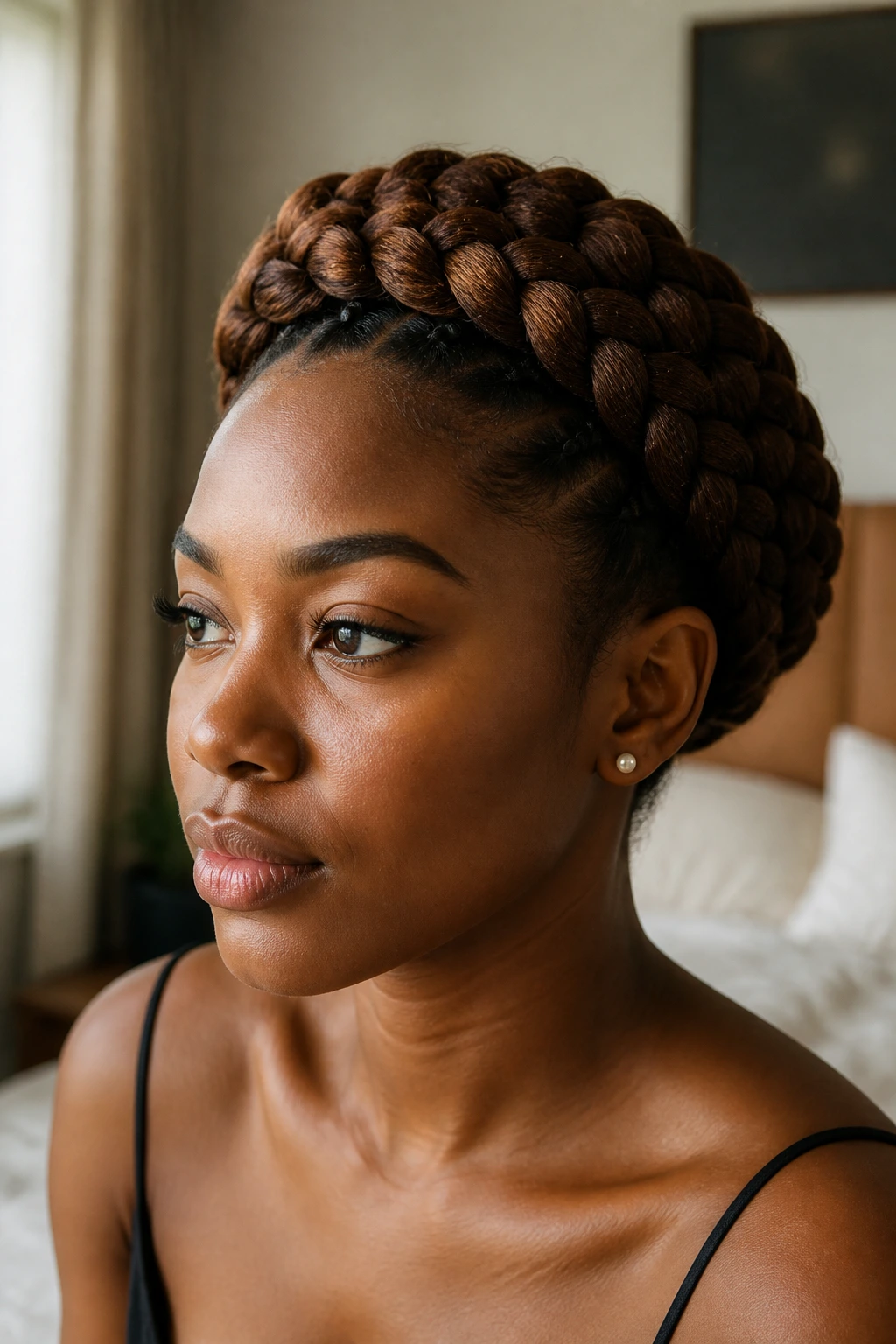 Close-up of a real person wearing a thick braided crown hairstyle.