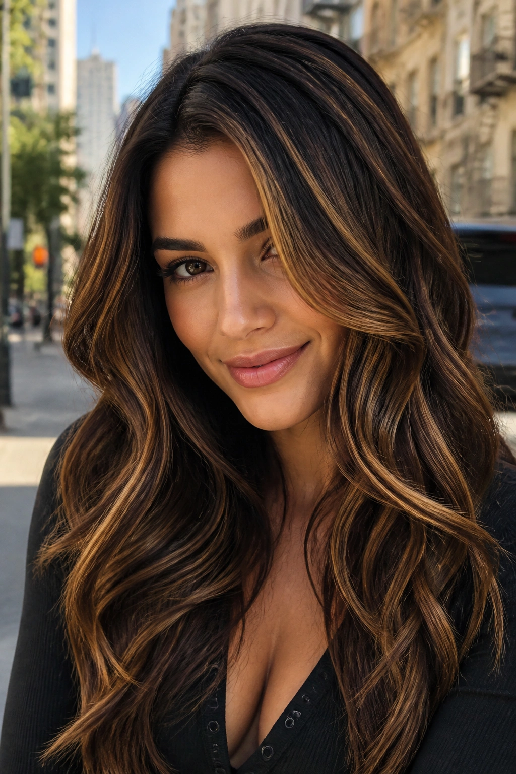 Close-up of a real woman with thick brunette hair and bold caramel balayage ribbons in natural daylight.