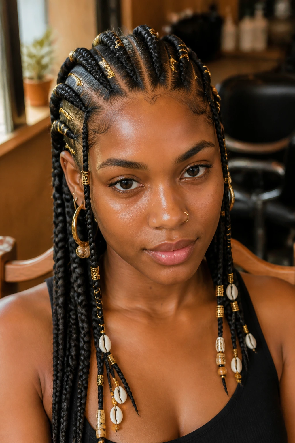Close-up of a real woman with thick Fulani-inspired cornrows featuring jewelry beads and cowrie shells