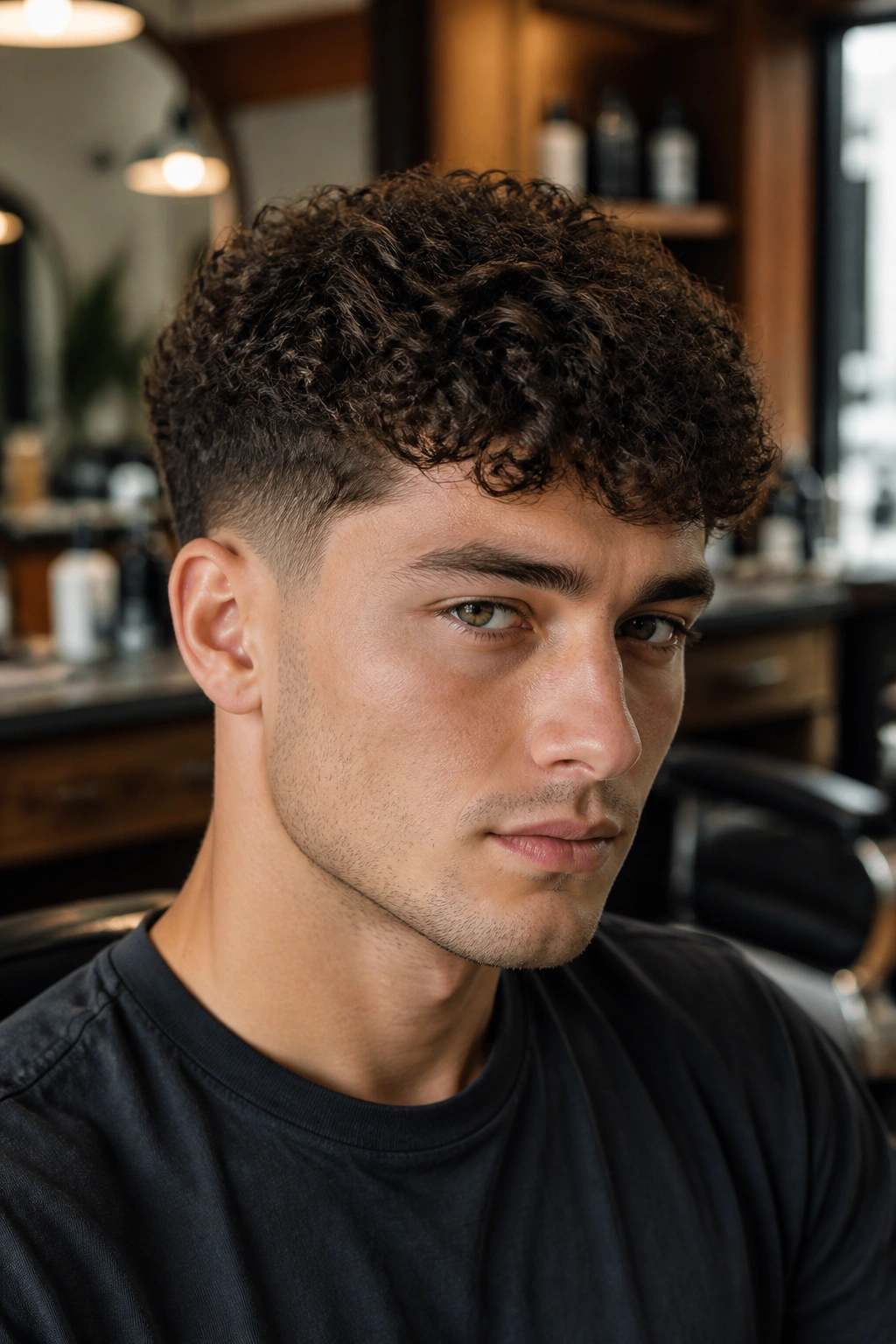 Close-up portrait of a man with thick curly hair in a barbershop setting